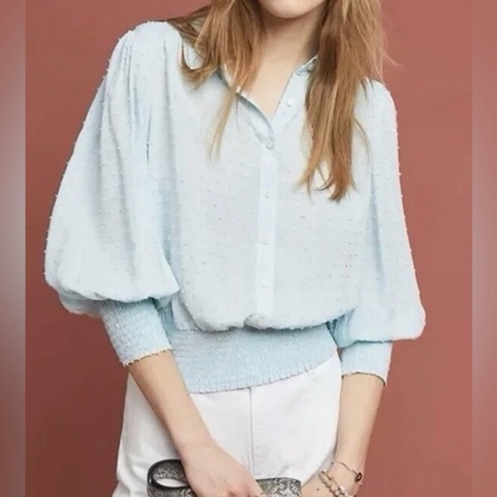 Anthropologie Maeve Blue Rosa Swiss Dot Blouse Teal Cropped Size S